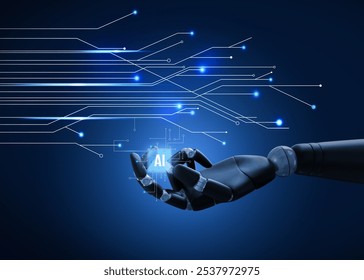 AI abbreviation in robot hand on dark blue background with electric circuit board pattern