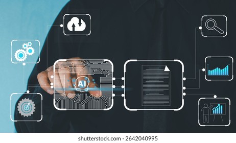 AI agent analyzing data and generating reports. Artificial intelligence and intelligent automation IA technology. Businessman using virturl  laptop computer to give instructions to AI  in company