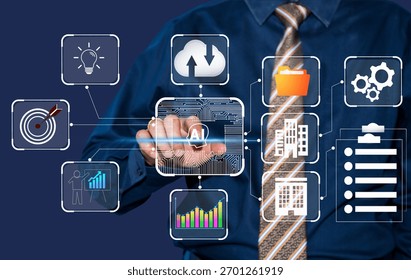 AI agent analyzing data and generating reports. Artificial intelligence and intelligent automation IA technology. Businessman using virturl tablet  to give instructions to AI  in company .

