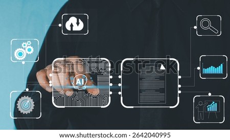 AI agent analyzing data and generating reports. Artificial intelligence and intelligent automation IA technology. Businessman using virturl  laptop computer to give instructions to AI  in company