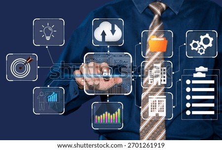 AI agent analyzing data and generating reports. Artificial intelligence and intelligent automation IA technology. Businessman using virturl tablet  to give instructions to AI  in company .
