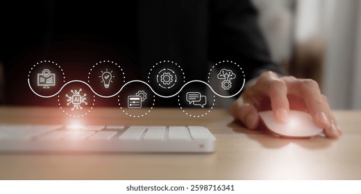 AI agent, artificial intelligence concept. Digital interface featuring artificial intelligence, automation and business innovation. Robotic processes automation and data analytics. 