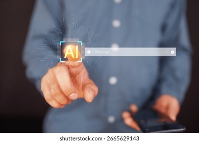 AI agent command interface with businessman touching virtual AI dashboard, representing artificial intelligence control, data analysis, digital assistant, and futuristic business technology.