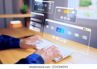 AI agent concept with user using software node coding work flow process multi step to combine working platform such as automatic reply email