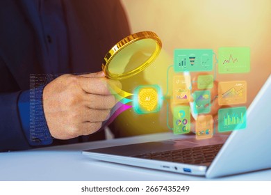 AI Agent Data Analysis Concept, Digital Dashboard Visualization, Artificial Intelligence for Business Insight, Automation Predictive Analytics, Data-Driven, AI agents support business decision-making