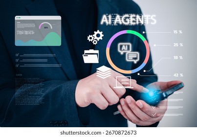 AI agent and data analytics concept with businessman using smartphone interface, highlighting artificial intelligence, automation, and digital transformation in modern business environments.