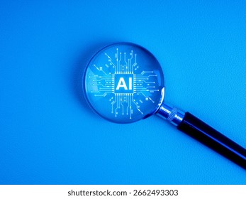 AI agent, data analytics, efficiency searching tools, machine learning and deep learning, advance solutions technology concept. AI chip in magnifying glass lens, isolated on blue background.