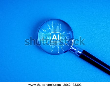 AI agent, data analytics, efficiency searching tools, machine learning and deep learning, advance solutions technology concept. AI chip in magnifying glass lens, isolated on blue background.
