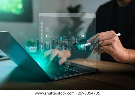 AI agent data tools and workflow automation concept with businessman using digital tablet and stylus interacting with intelligent process interface for artificial intelligence development, integration