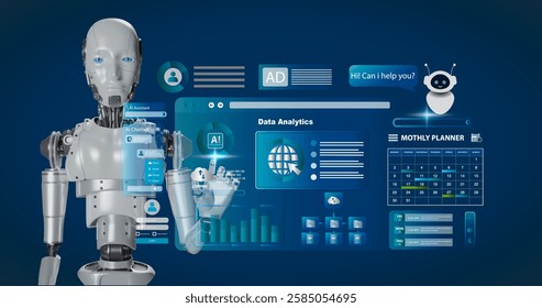 AI agent and generative artificial intelligence. Robotic processes automation and data analysis. Humanoid Robot touching  AI icon on Screen. LLM, AI chatbot technology and Ai agentic workflows.  
