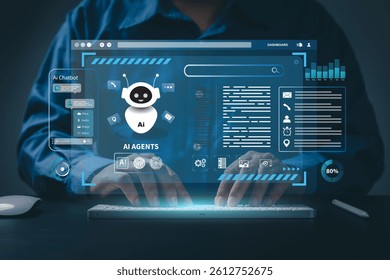 AI agent and generative artificial intelligence concept. Businessman using AI agents on screen, including chatbots, AI assistants, and data analytics tools on a laptop. LLM, Ai agentic workflows.
