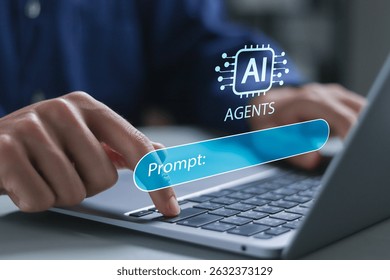 AI agent and generative artificial intelligence concept. Intelligent assistant with command prompt interface. Robotic processes automation and data analysis.