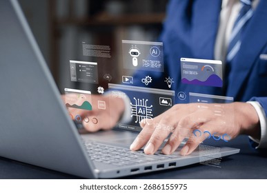 AI agent and generative artificial intelligence concept. Businessman using AI agents on screen, including chatbots, AI assistants, and data analytics tools on a laptop. LLM, Ai agentic workflows.