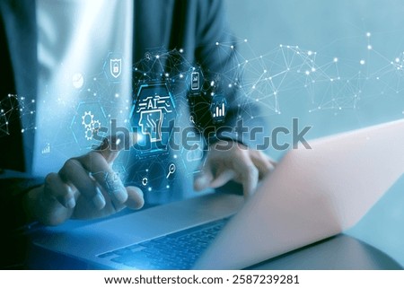 AI agent and generative artificial intelligence. Robotic processes automation and data analysis. Businessman touching head and AI icon on application network 