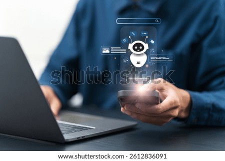 AI agent and generative artificial intelligence concept. Businessman using AI agents on screen, including chatbots, AI assistants, and data analytics tools on a laptop. LLM, Ai agentic workflows. 