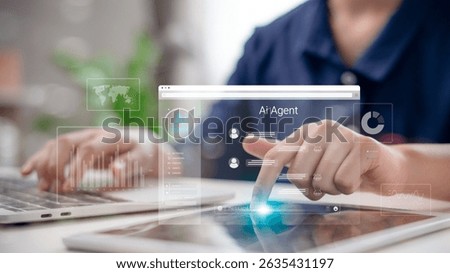 AI agent interface on virtual screen showing chatbot interaction, dashboard analytics, and user profile, representing a smart digital assistant in modern technology.