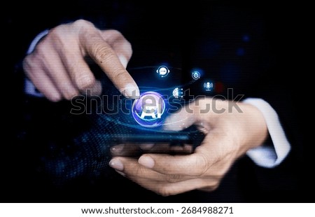AI agent mobile interface showing user interacting with smartphone, symbolizing artificial intelligence integration, smart assistant, data analysis