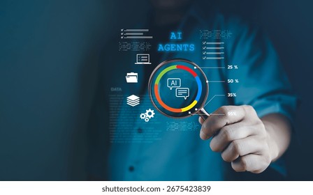 AI agent performance data being analyzed by a user using futuristic interface with circular chart and tech icons, representing artificial intelligence and digital transformation in business.