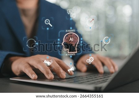 AI agent supporting business processes with automation technology. Generative artificial intelligence analyzing data and predicting future. Businessman using laptop.