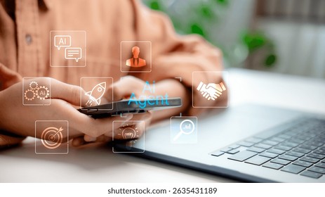 AI agent system performing tasks automatically, making intelligent decisions and interacting via digital interface, enhancing business performance and communication flow.