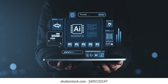 AI agent technology interface projected above a tablet, held by a person in a dark outfit, showcasing futuristic software for generating images and managing content