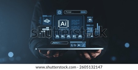 AI agent technology interface projected above a tablet, held by a person in a dark outfit, showcasing futuristic software for generating images and managing content