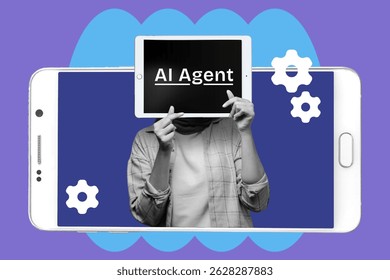 AI agent virtual assistant on phone screen. Concept of automation, smart tech, and innovation. Futuristic black and white pop art illustration, digital collage.
