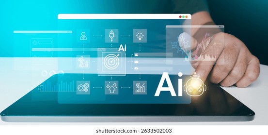 AI agent work, analysis and planning, business icon, Start-up, Creativity, Big idea, Business goals management, Investment on new project to wealth, Company strategy target, Sustainable financial plan