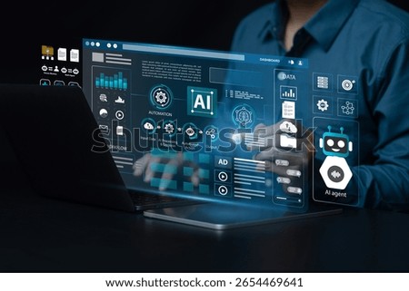 AI agent, AI workflow automation and generative artificial intelligence concept. Businessman using AI agents on screen with chatbots, assistants and data analytics tools. LLM. ML. Agentic workflows.