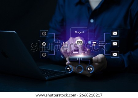 AI agent, AI workflow automation and generative artificial intelligence concept. Businessman using AI agents on virtual screen with chatbots, assistants. machine learning, Agentic workflows. LLM.