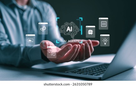 AI agents concept with multitasking digital tools. Man holding virtual icons of artificial intelligence features for automation, data processing, content generation, and smart digital operations.
