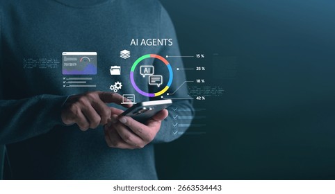 AI agents data analytics on mobile device, showing colorful infographic with percentages, icons, and charts, representing artificial intelligence, business insights and digital technology solutions.