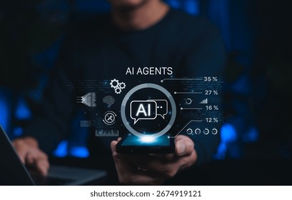 AI Agents and Data Analytics Technology Concept. Person holds smartphone with AI icons and data analytics representing artificial intelligence chatbot, digital assistant, machine learning automation,