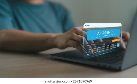 AI agents generating data output via command prompt interface. Advanced artificial intelligence systems for automation, data processing and smart decision making. Prompt engineering and chatbot.