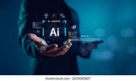 AI Agents innovation concept. Futuristic digital interface with artificial intelligence icons, command prompts, and data flow visuals for tech, automation, and machine learning themes.
