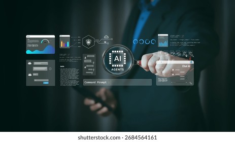 AI agents interact with digital data interfaces for processing and analysis. The scene highlights machine learning, data-driven technology, and automation, making it ideal for tech professionals
