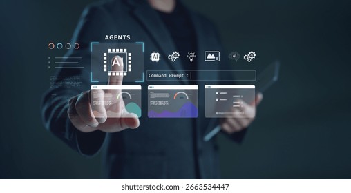 AI agents interface with digital dashboard and analytics charts, showing data visualization and command prompt, representing artificial intelligence, automation and advanced technology solutions.