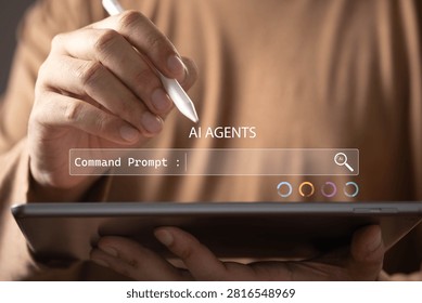 AI agents and prompt engineering, featuring a digital command prompt interface on a tablet, symbolizing artificial intelligence automation, generative AI, workflow optimization, machine learning.