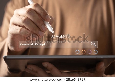AI agents and prompt engineering, featuring a digital command prompt interface on a tablet, symbolizing artificial intelligence automation, generative AI, workflow optimization, machine learning.