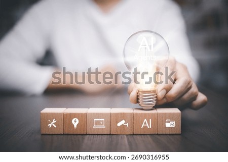 AI Agents and  software interface concept, virtual assistant for customer service, futuristic smart automation with  AI assistant for graphic design, translation and chatbot.