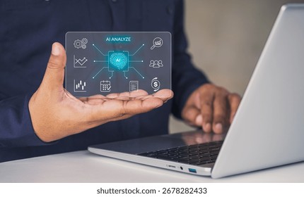 AI Analyze technology visualization showing artificial intelligence, data-driven business decision making, predictive analytics, financial insights, process optimization, digital strategy innovation