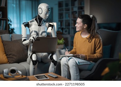 With an AI android by her side, a young woman studies on a couch in her modern home, highlighting the benefits of artificial intelligence.