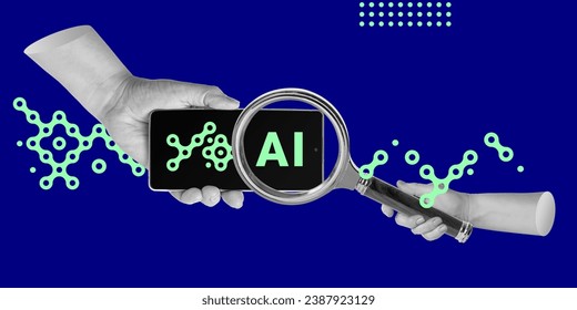 AI applications Search. Studying, working, collaborating with artificial intelligence.. Hand with phone shows a screen with ai symbol, Magnifying glass as a search symbol. Minimalist art collage. - Powered by Shutterstock