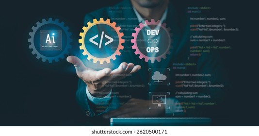 Ai architecture concept. Businessmen use agentic AI assistants, Artificial Intelligence, Development tools, Operations programming technology, DevOps software development, code management, testing 