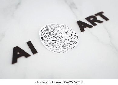 AI Art text with half human half robot brain, concept of Artificial Intelligence creating generative content based on art made by human authors