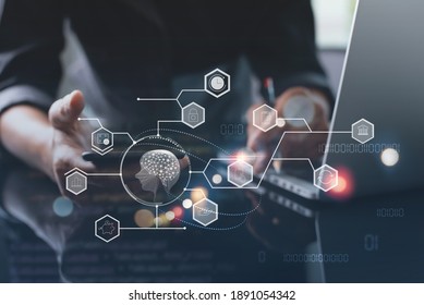 Ai, Artificial Intelligence, Big data, Internet of Things IoT, digital software technology development concept. Man programmer, software engineer computer coding on laptop, technology icons