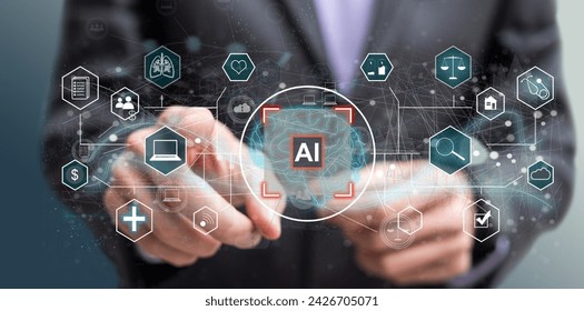AI - Artificial Intelligence. Big Data and Deep Machine learning Concept. Digital Brain and Neural Networks Hologram. Business Internet Technology Concept