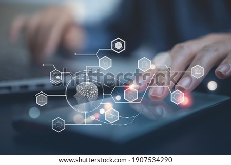 Ai, Artificial Intelligence, Big data, Internet of Things IoT, digital software technology development concept. Woman using mobile phone, banking app, technology icons, Ai digital machine interface