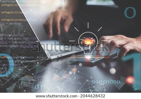 AI, Artificial Intelligence, Big data, Internet of Things IoT. Man, programmer, software engineer using mobile smartphone by id touch on screen, coding on laptop computer with technology background