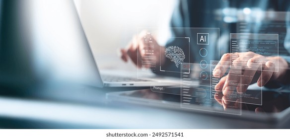 AI Artificial Intelligence. Business woman using AI technology for data analysis, coding computer language with digital brain, machine learning on virtual screen, business intelligence - Powered by Shutterstock